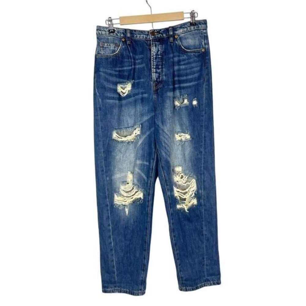 Sandrine Rose Jeans Womens sz 30 Blue Distressed Denim Free People Baggy Pleated